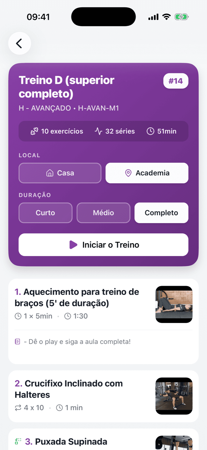 Treino no app do aluno TreinoAI: variações por local e duração e exercícios com vídeo de execução