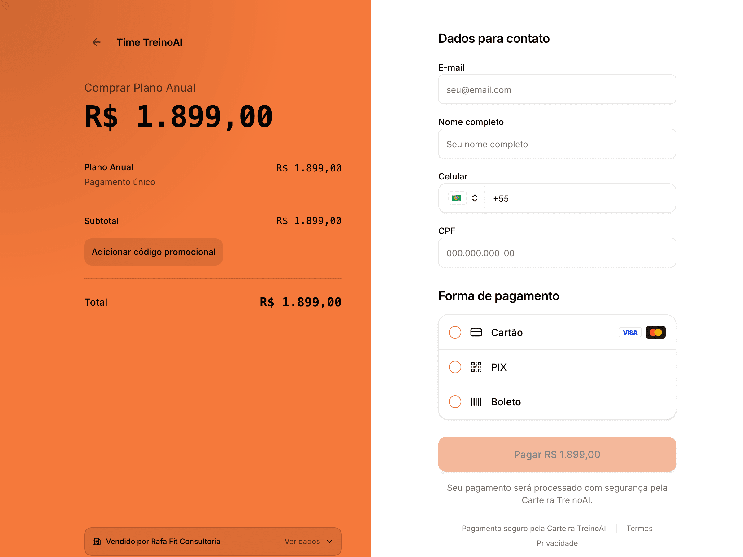 Checkout do TreinoAI com a marca da consultoria: resumo do plano, código promocional, dados de contato e pagamento via cartão, PIX ou boleto