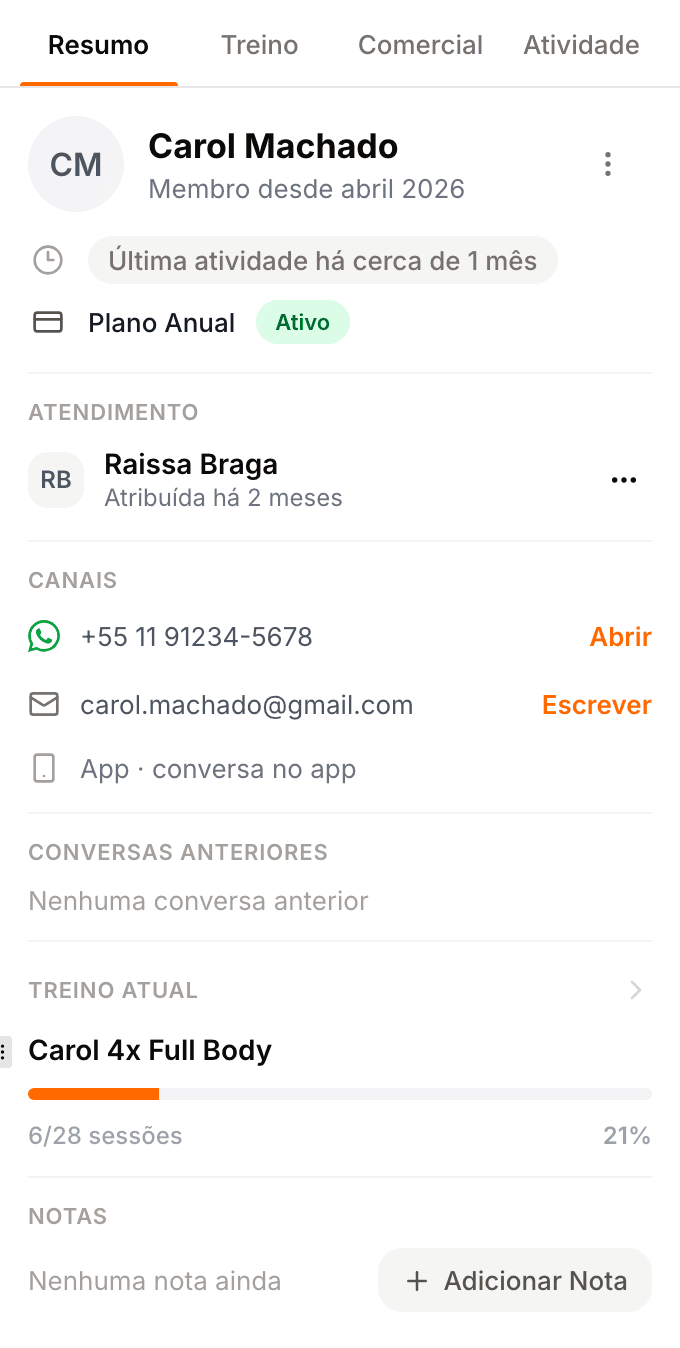 Painel de contexto do aluno no Atendimento do TreinoAI: plano ativo, canais de contato e treino atual com progresso, ao lado da conversa