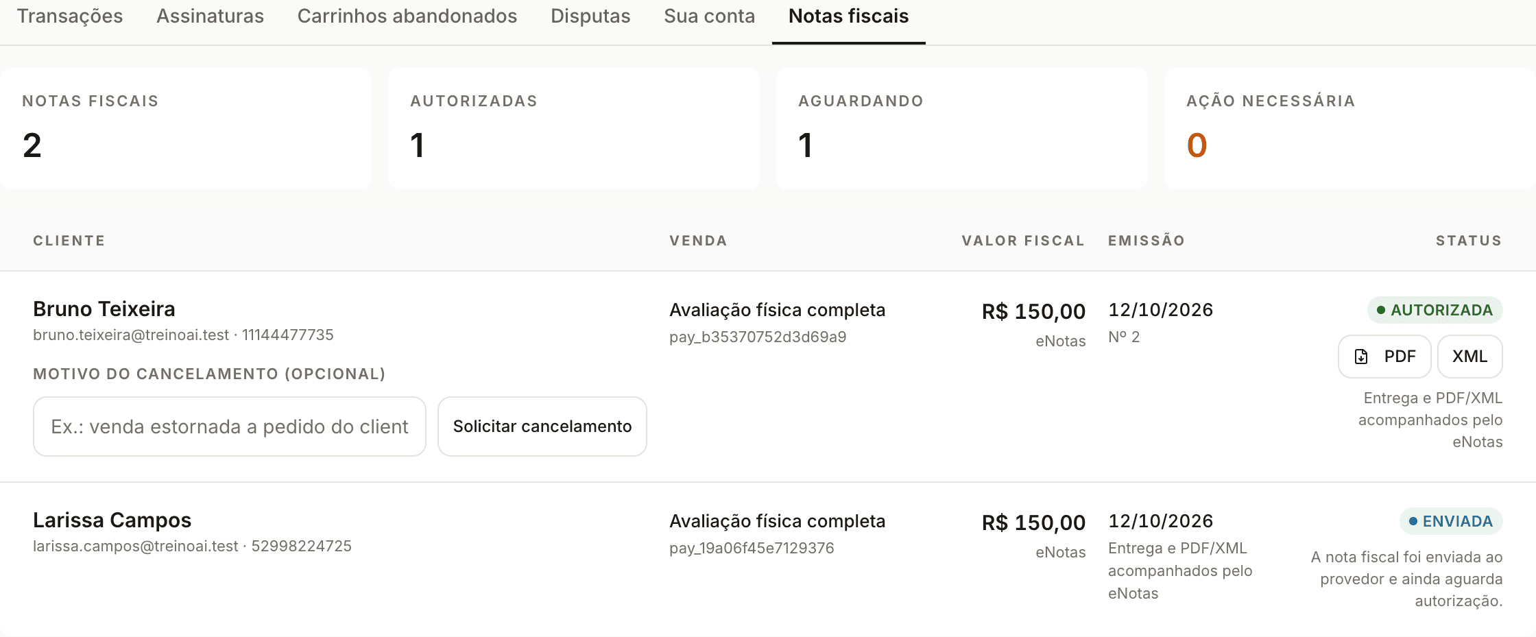 Aba Notas fiscais em Receber: totais de notas autorizadas e aguardando, e cada venda com valor, data de emissão, status, PDF e XML da nota