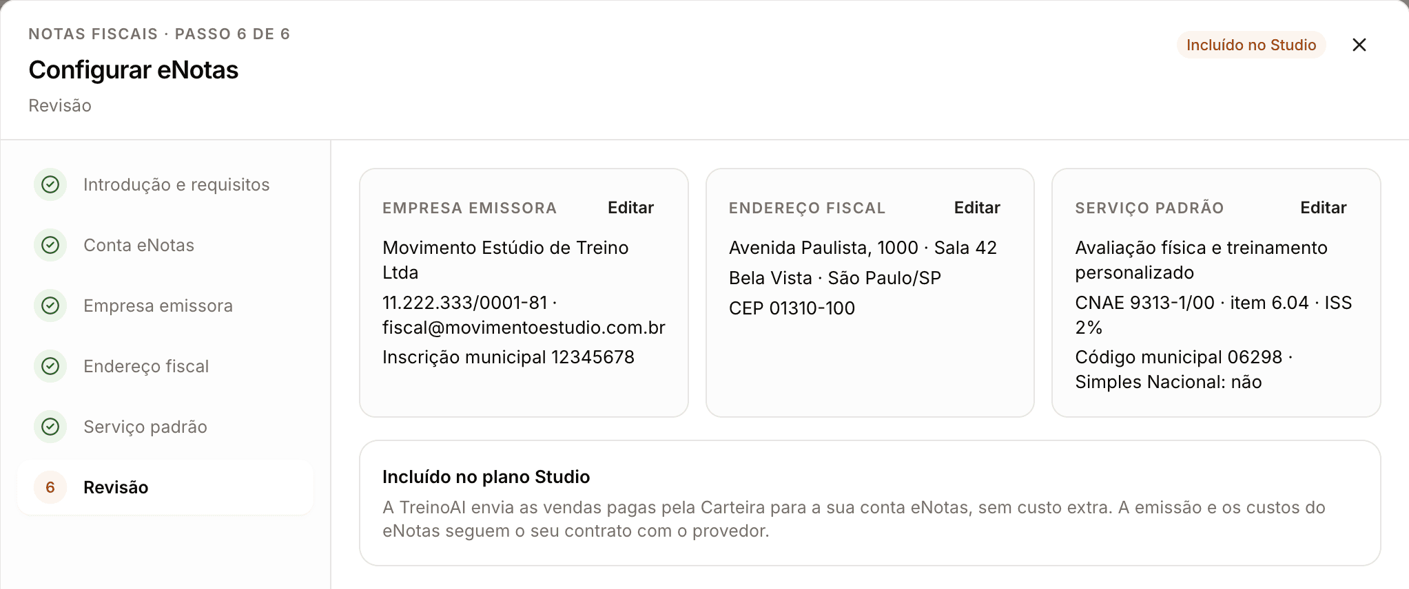 Último passo da configuração de notas fiscais: empresa emissora, endereço fiscal e serviço padrão revisados antes de salvar