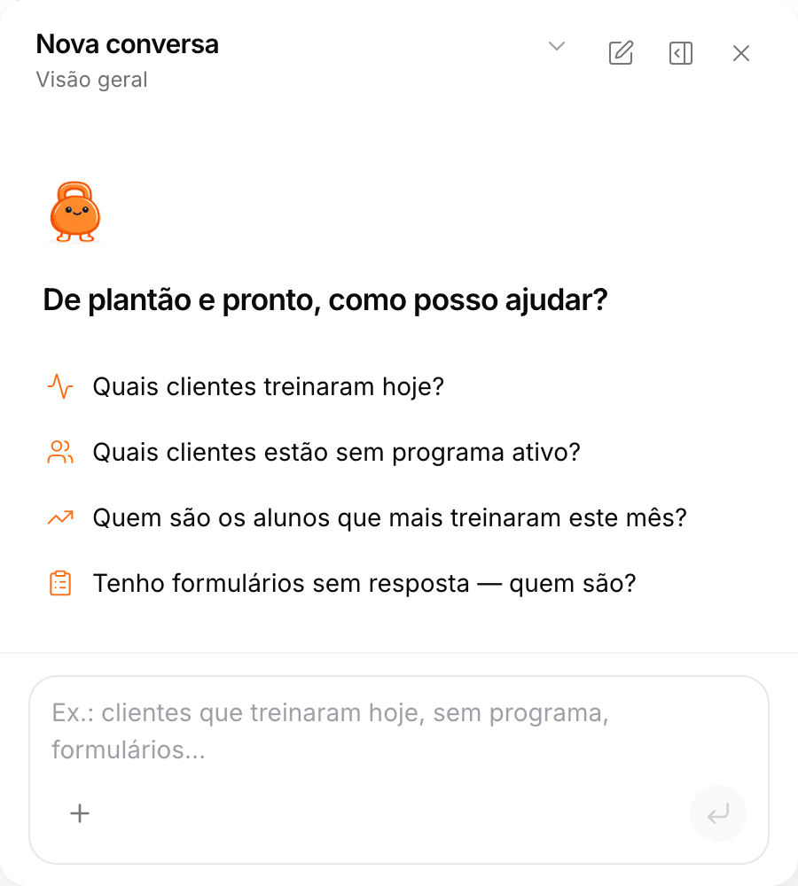 Painel do Treinico, o assistente do treinador no TreinoAI, com sugestões de perguntas sobre os alunos