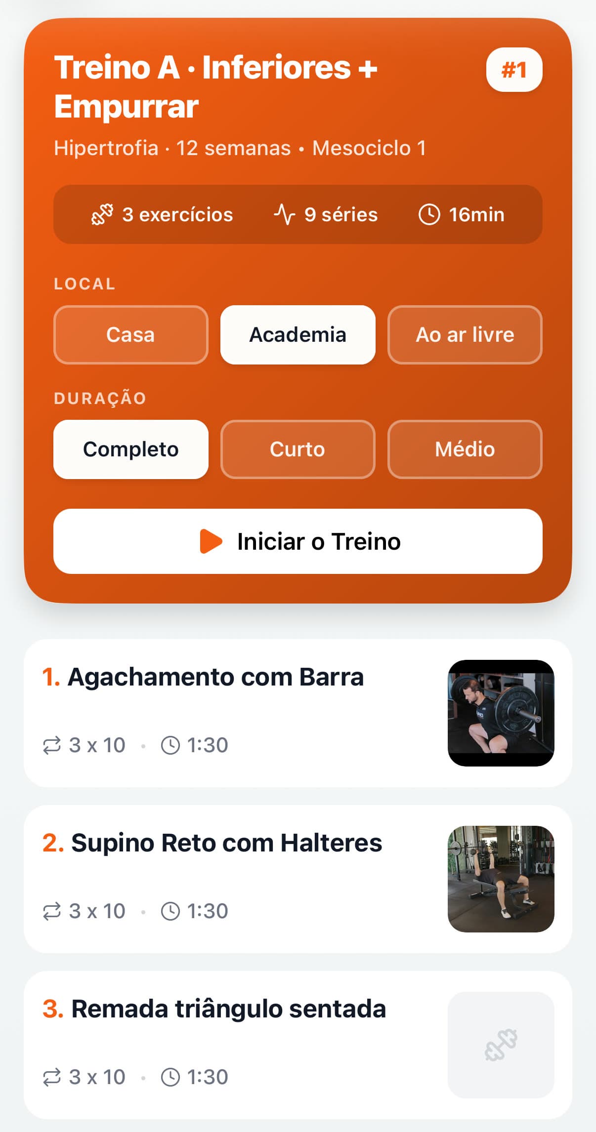 App do aluno com Academia e Completo escolhidos: 3 exercícios, 9 séries, 16 minutos