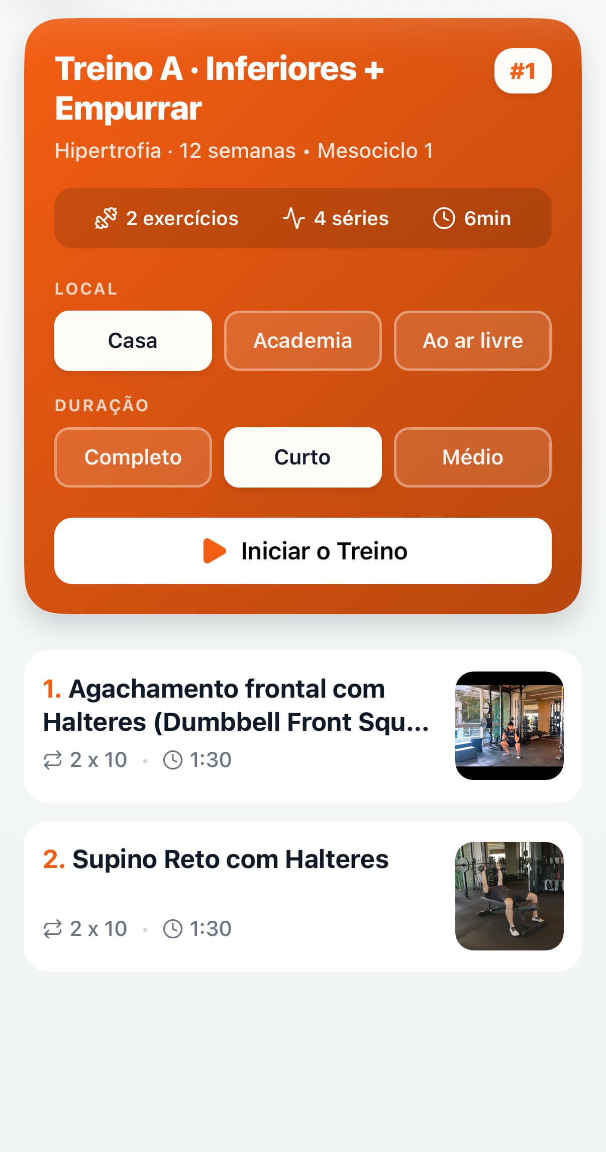 App do aluno com Casa e Curto escolhidos: 2 exercícios, 4 séries, 6 minutos, com agachamento frontal com halteres