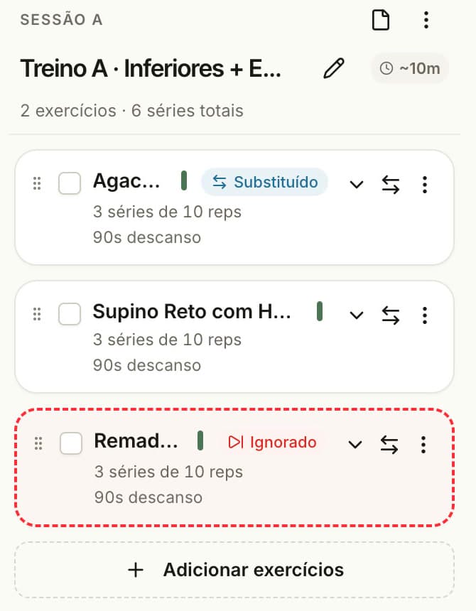 Treino A editado na opção Casa: agachamento substituído, supino igual à base e remada ignorada