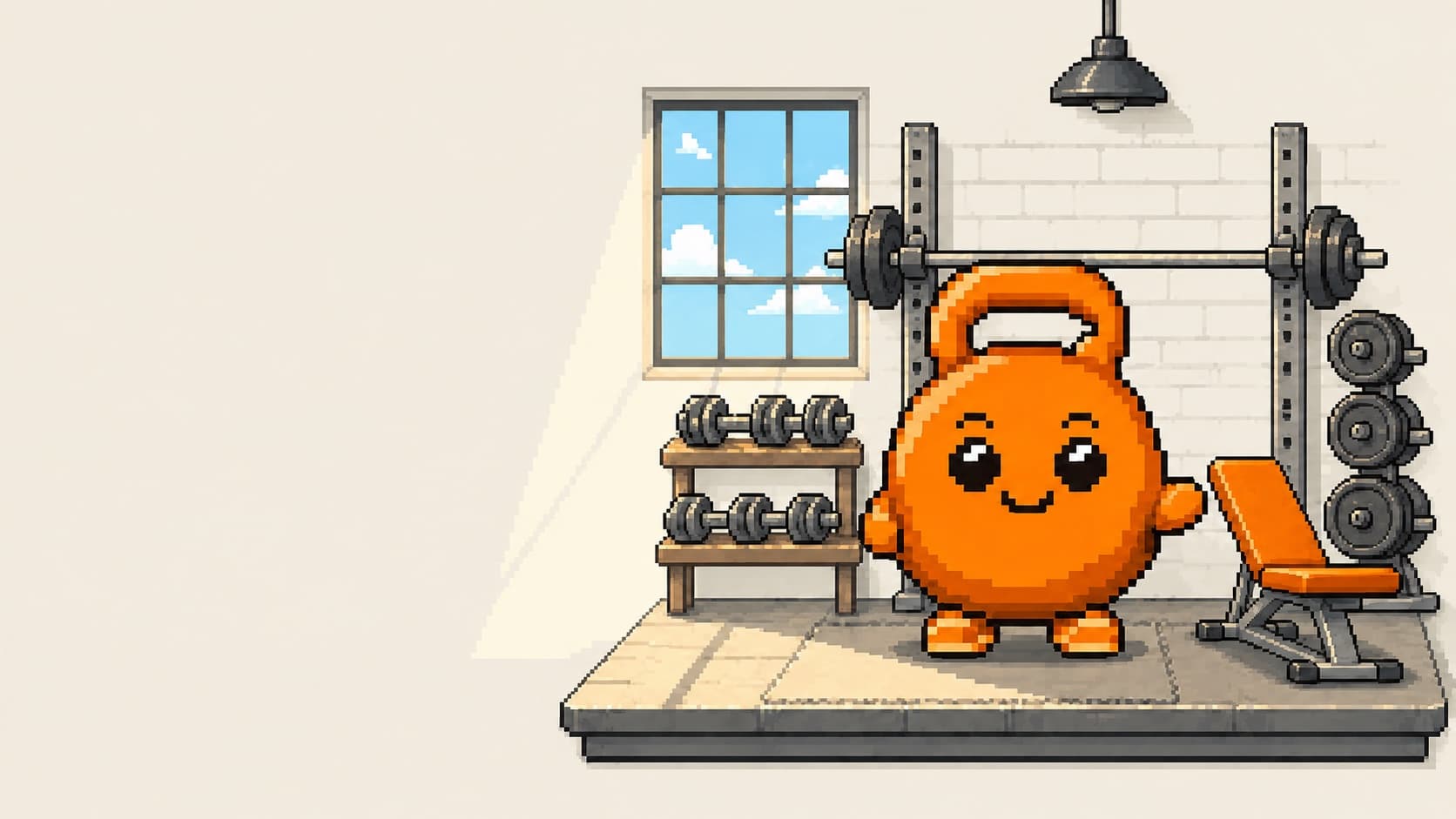 Treinico em pixel art na academia, com halteres, banco de treino e barra com anilhas
